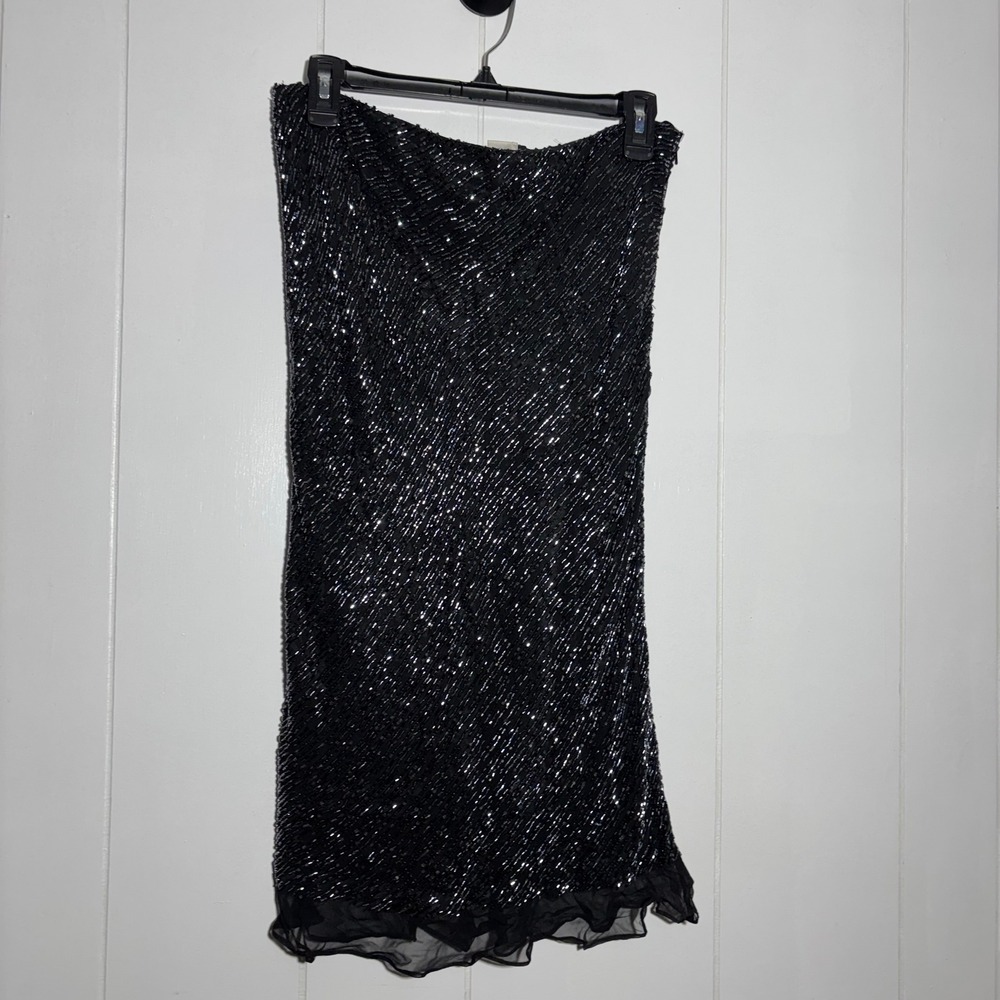 Vintage Y2K Black Beaded Midi Skirt Ruffle Hem Old Money‎ Delicate Evening Large - Picture 2 of 11